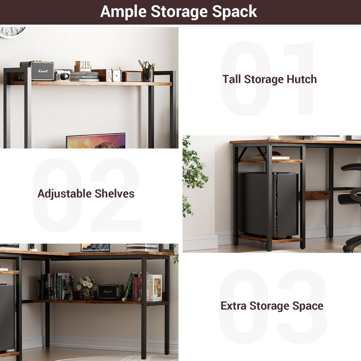 Unikito Reversible L-Shaped Gaming Desk with LED Lights, Power Outlets, and Storage Shelves in Rustic Brown Unikito