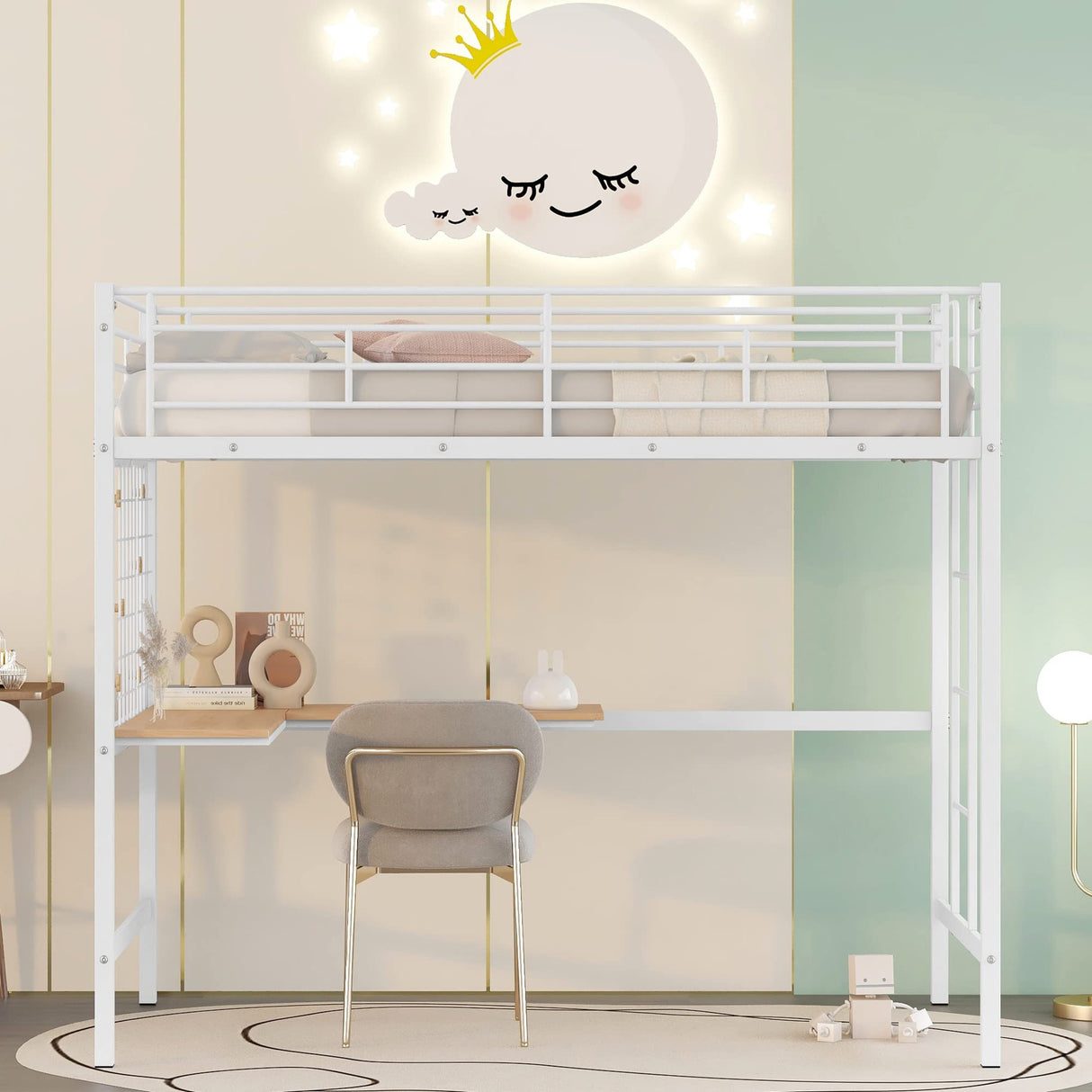 Harper & Bright Designs Twin Size Metal Loft Bed Frame, Loft Bed with L-Shape Desk and Metal Grid, Space Saving Loft Bed with Desk Underneath for Kids,Teens,White Harper & Bright Designs