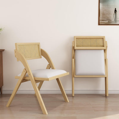 lavimiya Beige Folding Dining Chairs Set of 2, Wooden Foldable Dining Chairs, Modern Mid Century Leather Rattan Dining Room Chairs with Padded Cushion for Kitchen, Living Room, Small Space