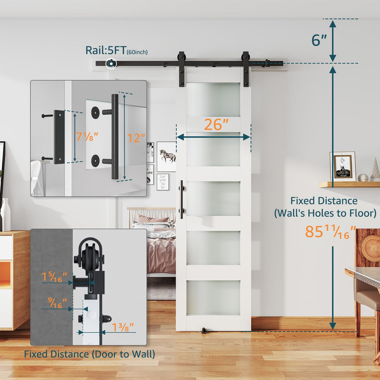 ALAMEDADT 26'' x 84'' Glass Barn Door and 5 Ft Hardware Kit Included, MDF White Barn Door Slab with Frosted Glass, PVC Surface, Combined with Handle and Floor Guide-Assembly Required, White ALAMEDADT