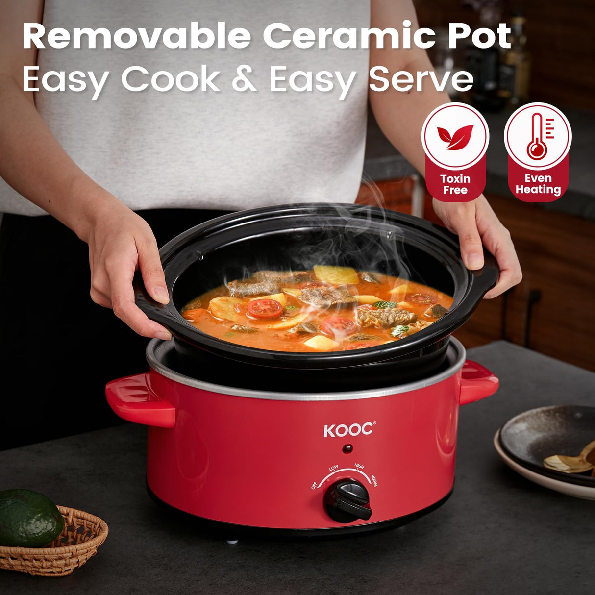 KOOC 4 Quart Slow Cooker, Free Liners Included for Easy Clean-up, 3 Temperature Settings, Dishwasher Safe Crock, Stainless Steel, RED, Ellipse KOOC
