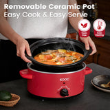 KOOC 4 Quart Slow Cooker, Free Liners Included for Easy Clean-up, 3 Temperature Settings, Dishwasher Safe Crock, Stainless Steel, RED, Ellipse KOOC
