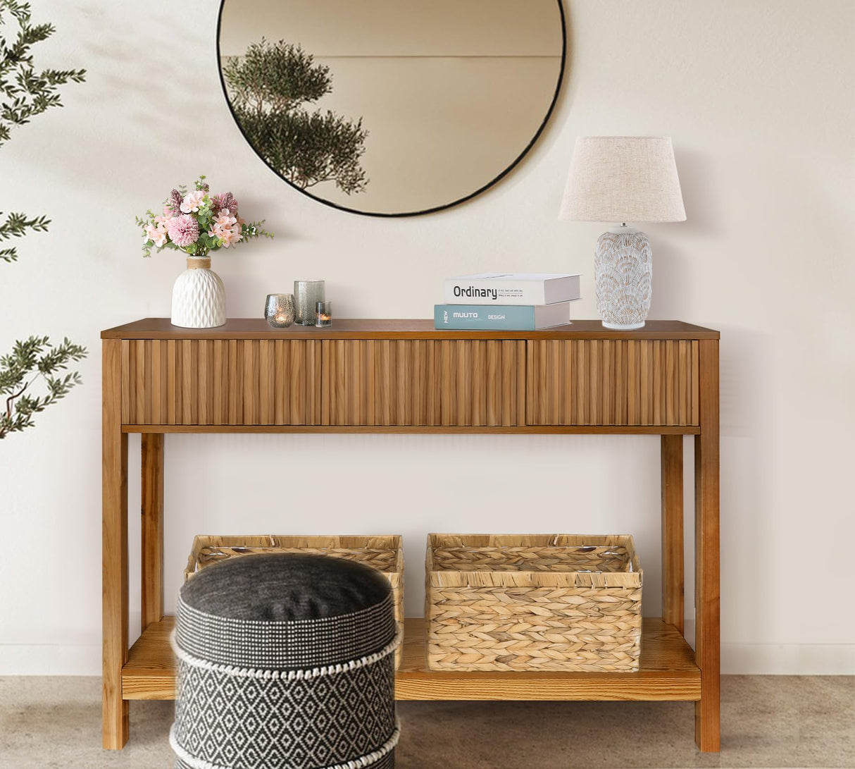 Long Console Table with Storage, Fluted Entryway Table, Slim Sofa Table Behind Couch Entry Table, Narrow Wood Hallway Table, Modern Living Room Couch Table, Black Foyer Entrance Table ZYBT