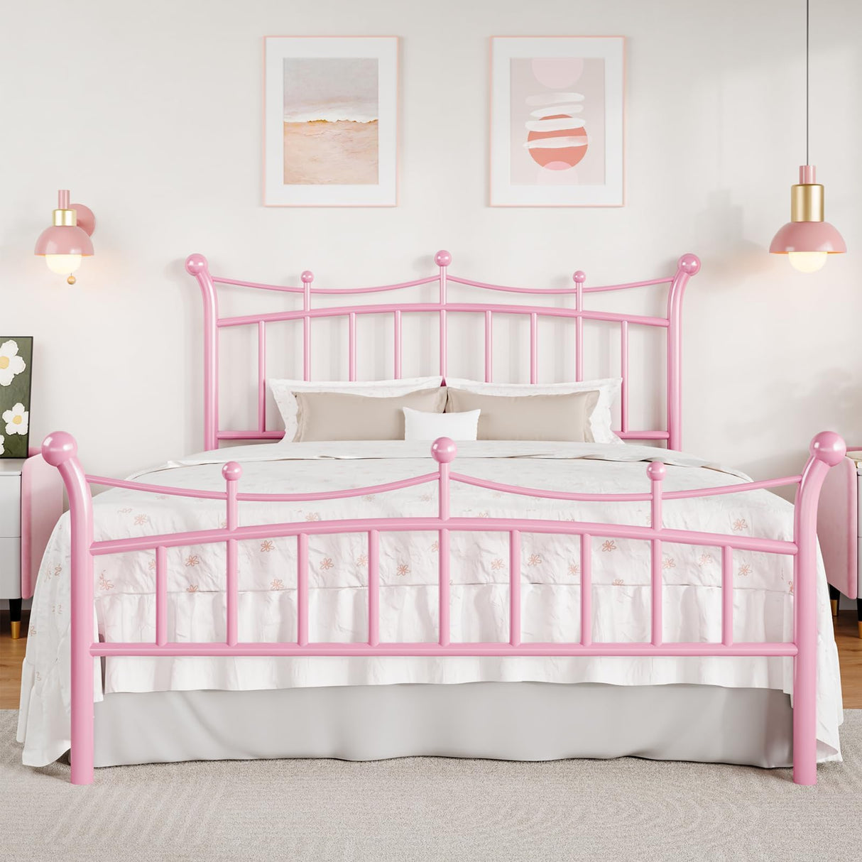 HOMBCK Full Size Metal Bed Frame with Headboard, Pink Bed Frame with Crown Headboard and Footboard, Wrought Iron Art, Under Bed Storage, Mattress Anti-Slip, No Box Spring Needed, Easy Assembly, Pink HOMBCK