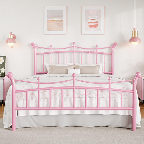 HOMBCK Full Size Metal Bed Frame with Headboard, Pink Bed Frame with Crown Headboard and Footboard, Wrought Iron Art, Under Bed Storage, Mattress Anti-Slip, No Box Spring Needed, Easy Assembly, Pink HOMBCK