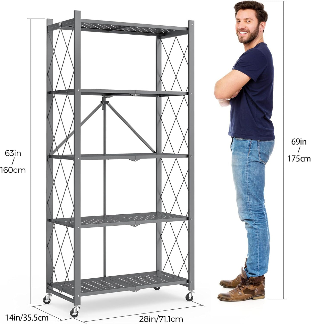 LUCKPRO 5-Tier Folding Metal Storage Rack - 63" Heavy-Duty Steel Frame with Wheels, No Assembly Utility Organizer, Rolling Shelving Unit for Kitchen, Garage, Pantry, Bedroom (Gray, 5 Tier) LUCKPRO