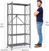 LUCKPRO 5-Tier Folding Metal Storage Rack - 63" Heavy-Duty Steel Frame with Wheels, No Assembly Utility Organizer, Rolling Shelving Unit for Kitchen, Garage, Pantry, Bedroom (Gray, 5 Tier) LUCKPRO