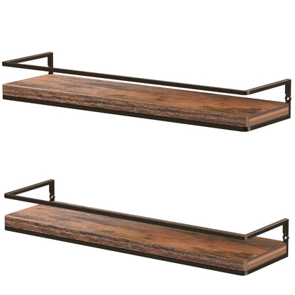 Meangood Floating Shelves Wall Mounted Set of 2, Rustic Wood Wall Storage Shelves for Bedroom,Living Room,Bathroom, Kitchen Rustic Brown - WoodArtSupply