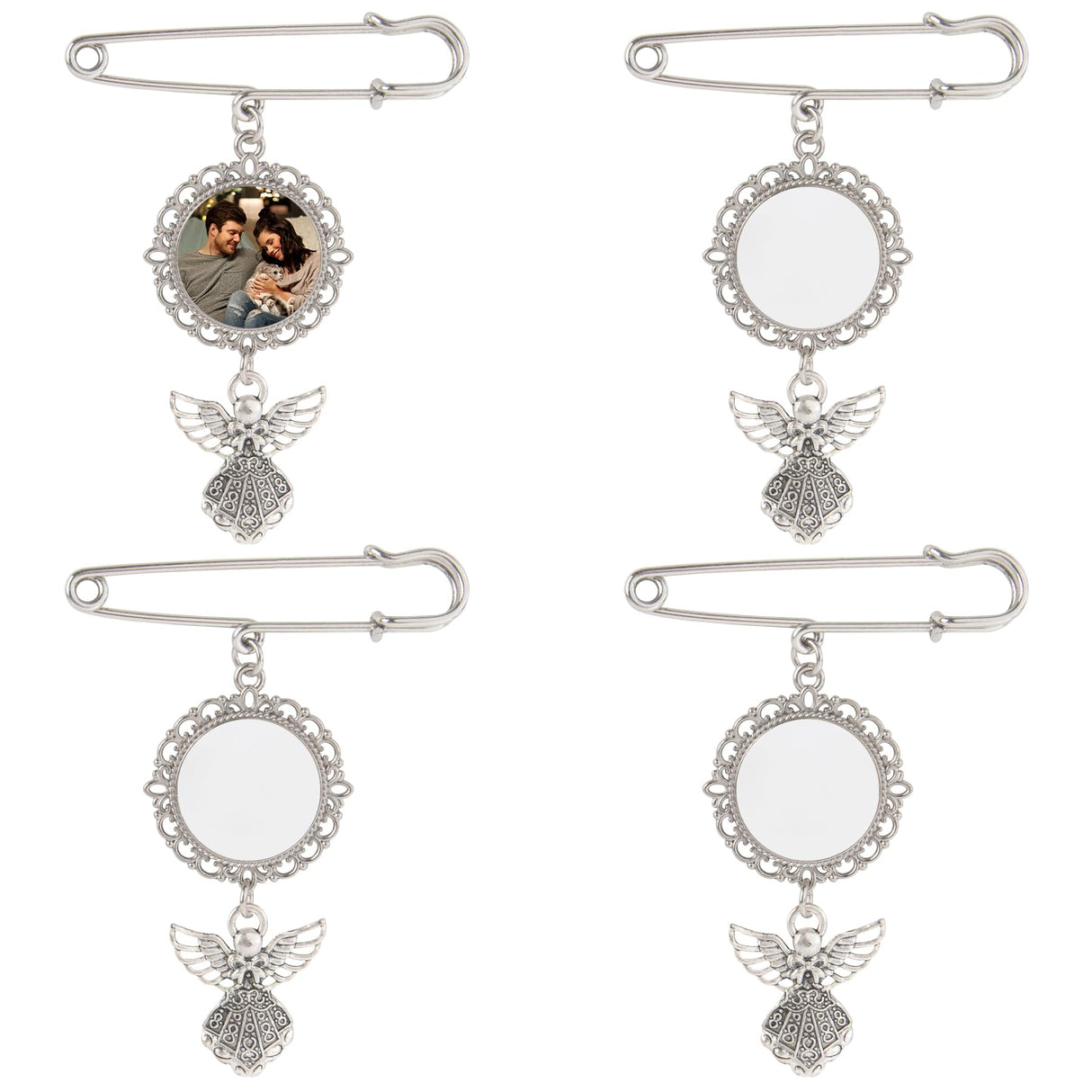 Framendino, 4 Pack Sublimation Blank Bouquet Photo Charms Pin Pouch with Angel Pendant Wedding Memory Bridal Bouquet Picture Charm Clip Bouquet Memorial Charm DIY Jewelry Making 1 Sheet Round Framendino