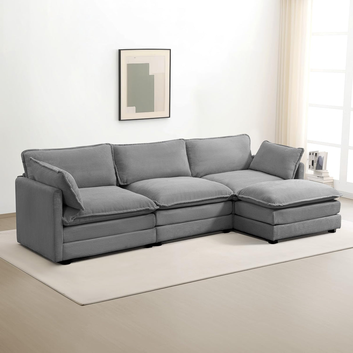 ROWHY Oversized Modular Sectional Sofa with Movable Ottoman, 112 Inch 4 Seat Modern Corduroy Sofa Set, Convertible L Shaped Couch for Living Room and Office, Dark Grey ROWHY