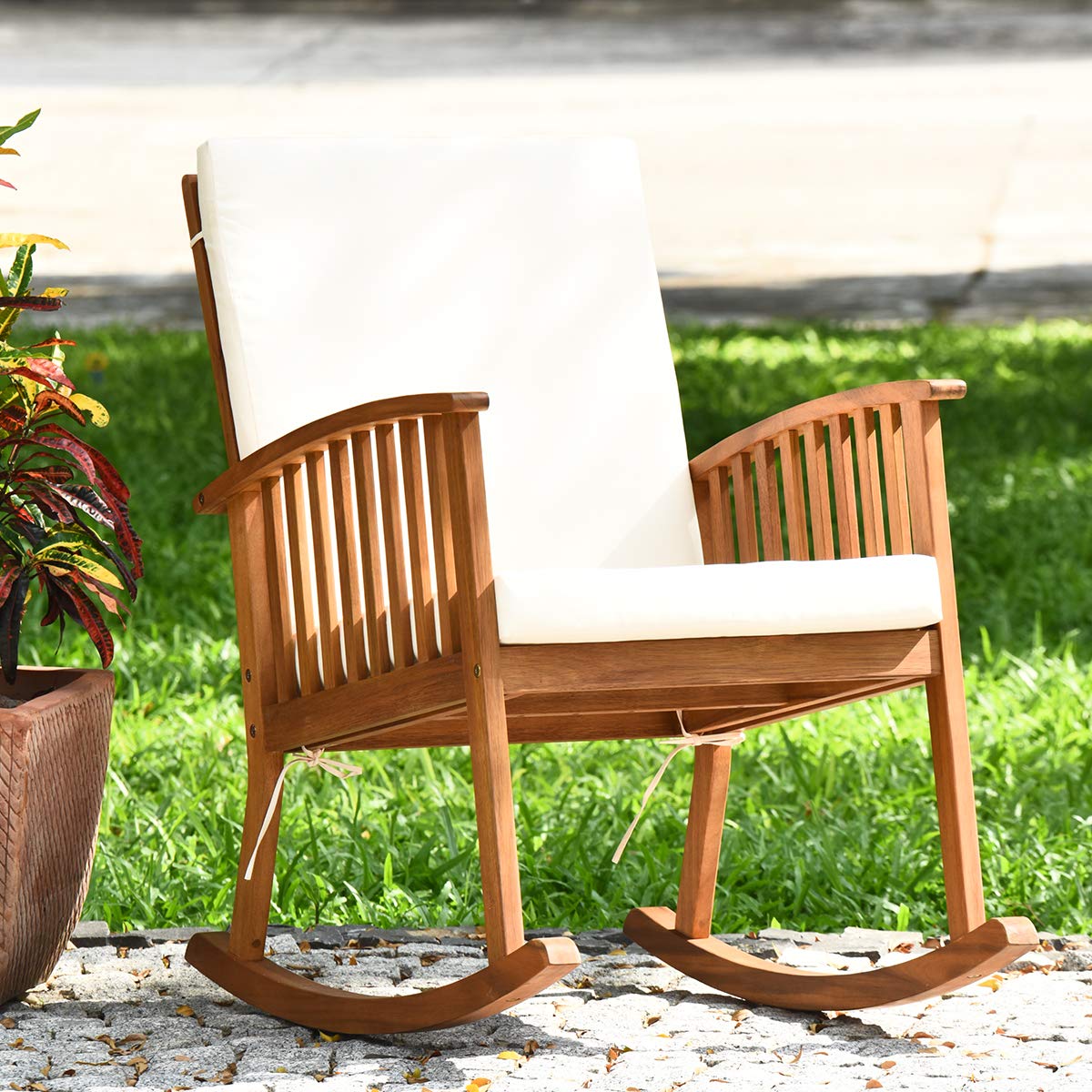 Tangkula Outdoor Acacia Wood Rocking Chair, Wooden Rocker w/Detachable Washable Cushions, Rocker for Porch Garden Patio Balcony Pool Indoor (1, Teak) - WoodArtSupply