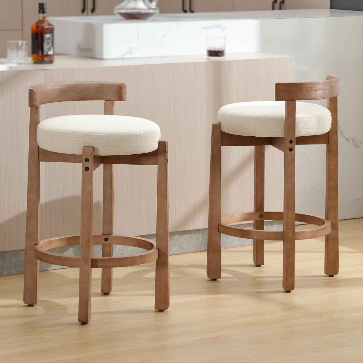 DUOMAY Modern Bar Stools Set of 2, 26" Counter Height Stools, Armless Round Wood Barstools Kitchen Island Stool with Linen Seat for Home Bar Coffee Shop, Beige DUOMAY