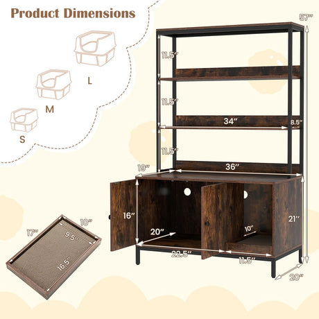 Tangkula Litter Box Enclosure with Shelves, Hidden Cat Washroom Cabinet with Storage, Winding Entry & Scratching Board, Versatile Litter Box Furniture (Rustic Brown) Tangkula