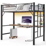 Gizoon Loft Bed Twin Size, Twin Loft Bed with Desk and LED Lights, Charging Sation & Storage Shelves, Heavy Duty Metal Bed Frames with Safety Guard & Ladder, No Box Spring Needed, Space-Saving, Brown Gizoon