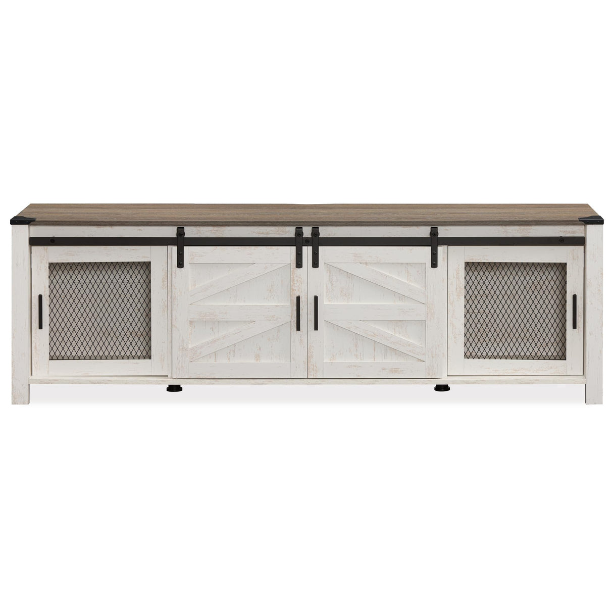WAMPAT Farmhouse TV Stand for ups to 75 inch TV, Wooden Entertainment Center with Mesh Barn Doors, Media Console with Storage Shelf for Living Room Bedroom, Rustic Oak and White WAMPAT
