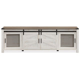 WAMPAT Farmhouse TV Stand for ups to 75 inch TV, Wooden Entertainment Center with Mesh Barn Doors, Media Console with Storage Shelf for Living Room Bedroom, Rustic Oak and White WAMPAT