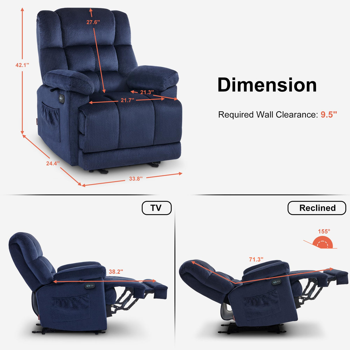 MCombo Zero Gravity Power Recliner Chair with Heat and Vibration Massage, Reclining Chair with USB Ports, Cup Holders for Living Room, Fabric R6233 (Navy Blue) MCombo
