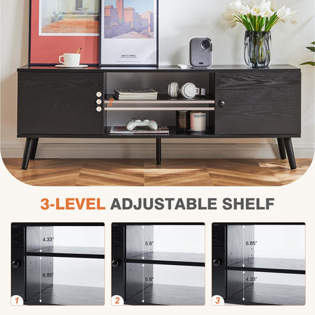 Sweetcrispy TV Stand for 55 60 inch TV, Modern Mid Century Entertainment Center with Storage, Media Console Table 2 Cabinet, Soft Hinge, Handle Door, Wooden Living Room, Office Furniture, Black Sweetcrispy