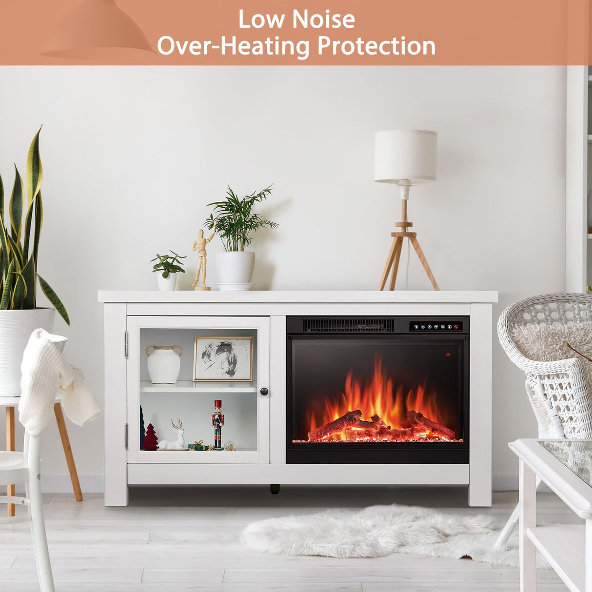 JAMFLY Electric Fireplace TV Stand Wood Mantel for TV Up to 48", Media Entertainment Center Fireplace Console Cabinet w/Storage Bin, Remote Control JAMFLY