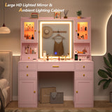 CSZZD Vanity Desk with LED Lighted Mirror, 41.3" Makeup Vanity Table with Power Outlet and Lots Storage, 6 Drawers and Storage Shelves for Bedroom, Dressing Table with RGB Cabinets, Pink CSZZD