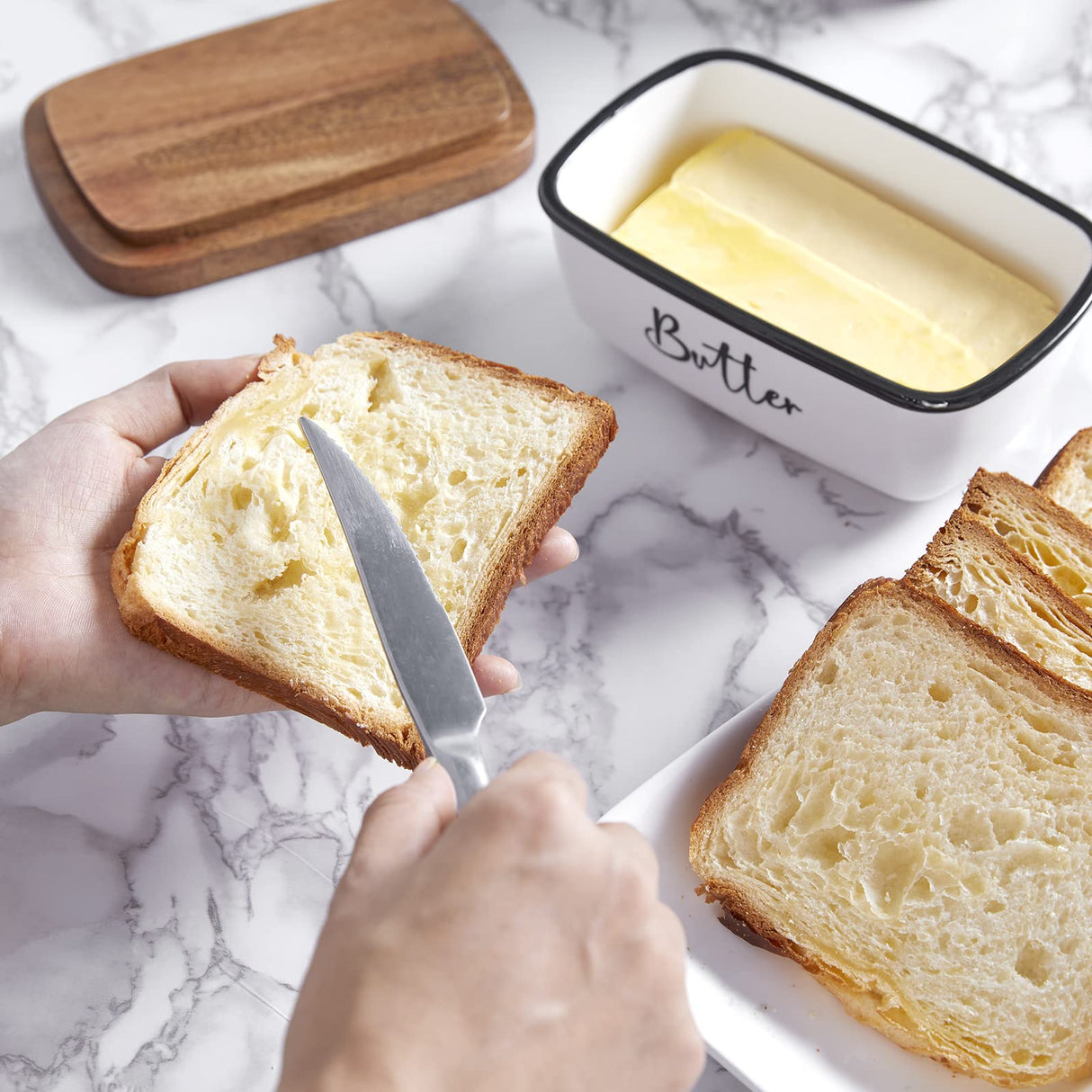 Butter Dish with Lid, ALELION Large Ceramic Butter Dish for Countertop, Butter Keeper with Thick Acacia Wood Lid, Kitchen Decor and Accessories for Kitchen Gifts, White ALELION