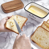 Butter Dish with Lid, ALELION Large Ceramic Butter Dish for Countertop, Butter Keeper with Thick Acacia Wood Lid, Kitchen Decor and Accessories for Kitchen Gifts, White ALELION