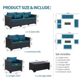 Rattaner Patio Furniture Set 5 Pieces Outdoor Furniture Sets Patio Couch Outdoor Chairs Coffee Table Peacock Blue Anti-Slip Cushions and Waterproof Covers Rattaner