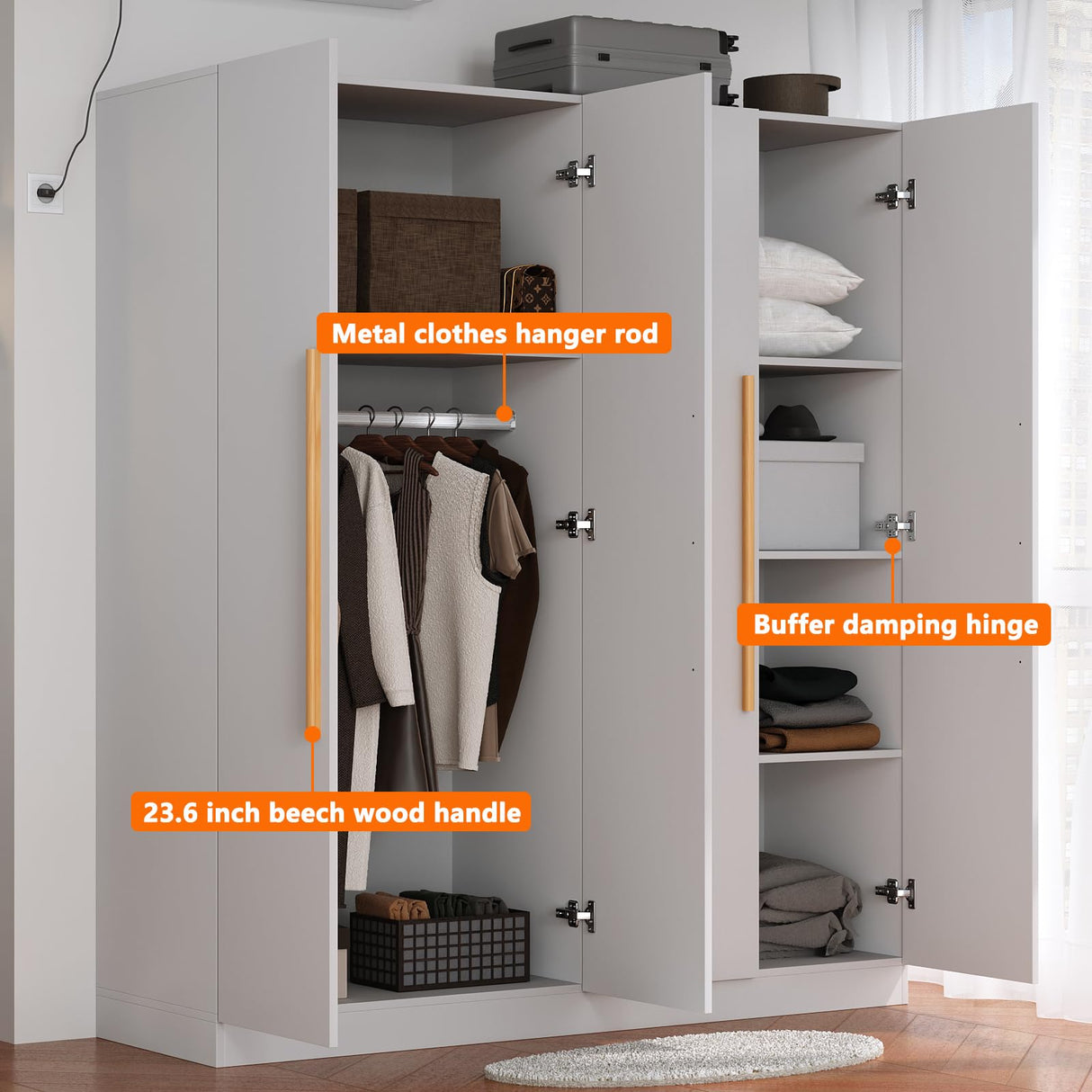 Fddevelop 4 Doors Wooden Wardrobe Closet Armoire, White Storage Cabinet for Hanging Clothes, Bedroom Extra Large Capacity Freestanding Armoire,Wood Wardrobe Combination with Shelves (White) (White) Fddevelop