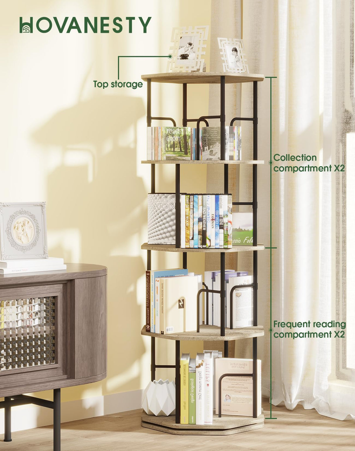 HOVANESTY Rotating Bookshelf, Spinning Bookshelf, 4 Tier 360 Display Freestanding Wood Rotating Bookcase for Kids Room, Living Room, Office, Bedroom, Study Room HOVANESTY