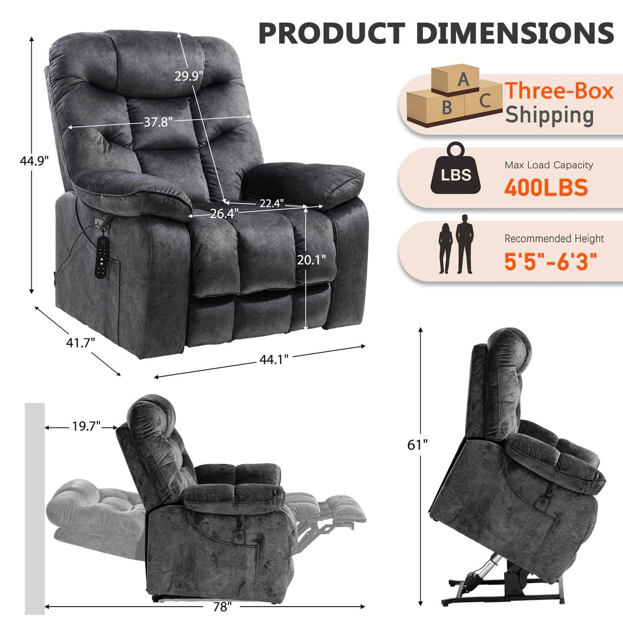 EONIX Oversized Big Man Power Lift Recliner Chair for Elderly with Heat and Massage, 400lbs Dual Motor Lay Flat Electirc Lift Chair with Extended Footrest, SLRY008063, Black EONIX