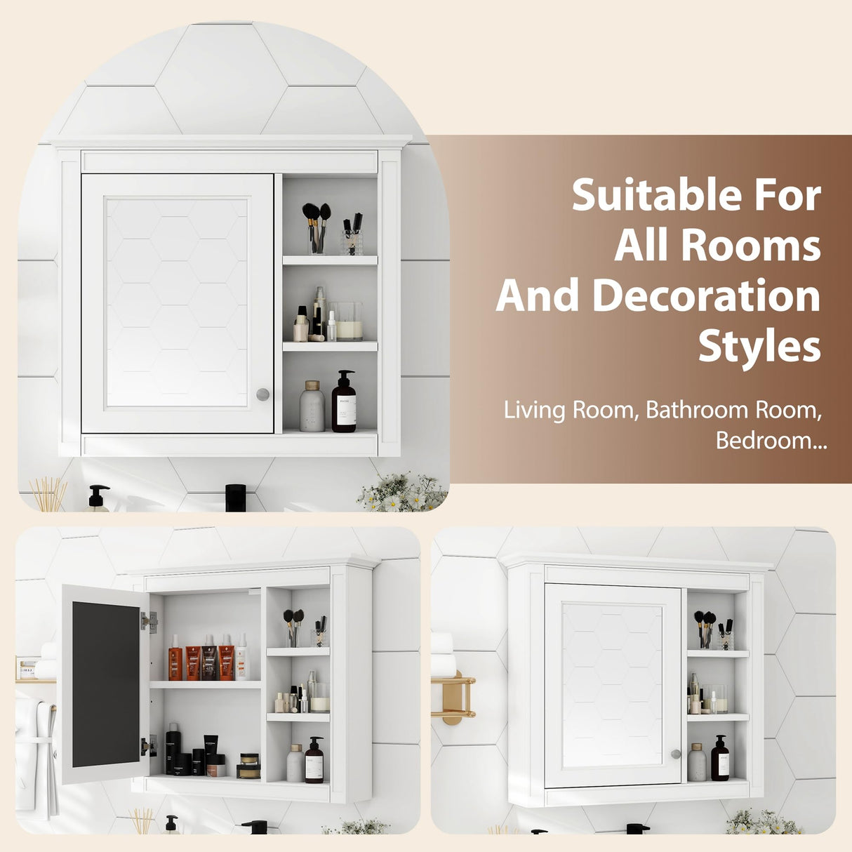 Virubi Bathroom Wall Cabinet with Mirror, 30'' x 28'' Medicine Cabinet with Mirror Door and Adjustable Shelves, Over Toilet Storage Cabinet, Wall-Mounted Bathroom Mirrors for Over Sink with Storage Virubi