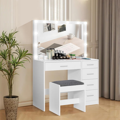 usikey Makeup Vanity with 12 Lights, Vanity Desk with Power Outlet, Makeup Vanity Table with 5 Drawers, Large Mirror, Dressing Vanity Table with Stool for Bedroom, Bathroom, White - WoodArtSupply