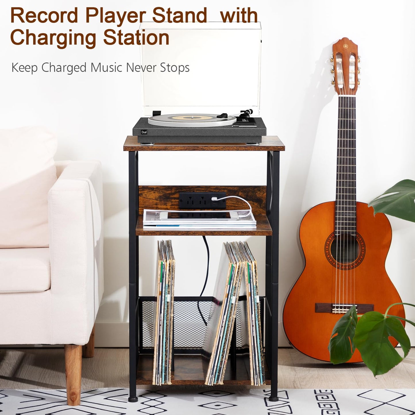 AMHANCIBLE Record Player Stand with Charging Station, Turntable Stand with Storage Cabinet, 3 Tier End Table Hold Up to 200 Albums, Record Stand for Vinyl, Living Room, Rustic Brown, HETCD01B - WoodArtSupply