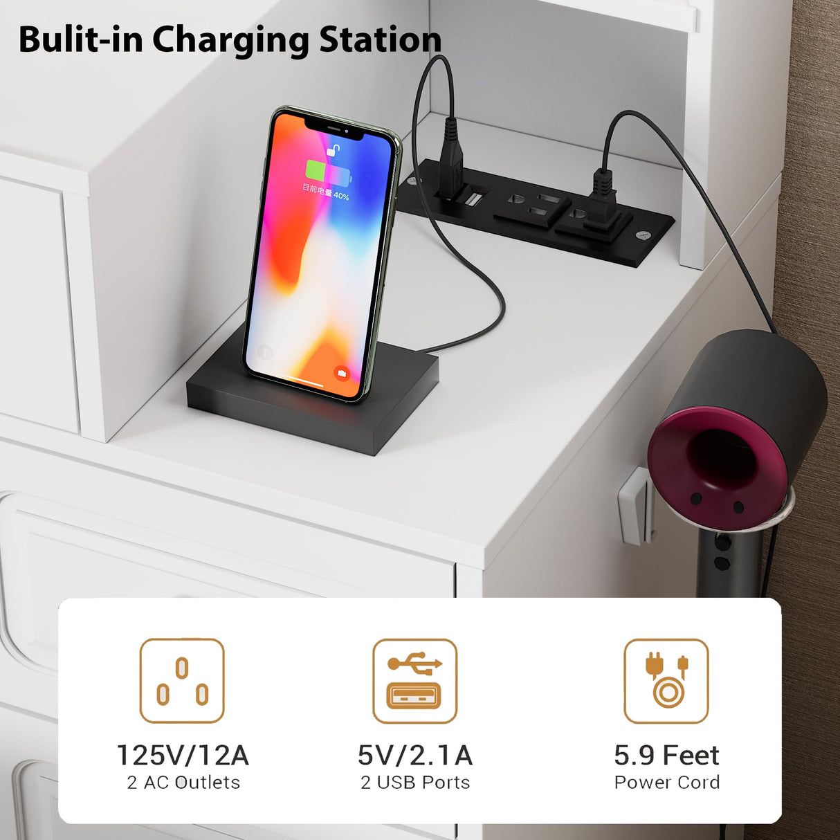 FURNJOYLIFE Farmhouse Makeup Vanity with Lighted Mirror & Charging Station, Vanity Desk Dresser Table with 3 Lighting Modes Brightness Adjustable,Drawers,Shelves,Hair Dryer Stand for Bedroom,White FURNJOYLIFE