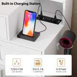 FURNJOYLIFE Farmhouse Makeup Vanity with Lighted Mirror & Charging Station, Vanity Desk Dresser Table with 3 Lighting Modes Brightness Adjustable,Drawers,Shelves,Hair Dryer Stand for Bedroom,White FURNJOYLIFE