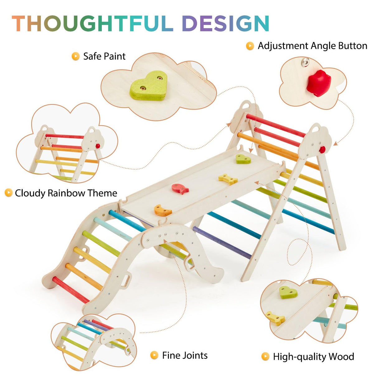 HOMMOW 7-in-1 Pikler Triangle Set with Cushion, Wooden Pikler Triangle Climbing Set with Arch, Ramp & Ladder, Large Foldable Montessori Jungle Gym, Indoor Climbing Toys for Toddlers-Rainbow HOMMOW