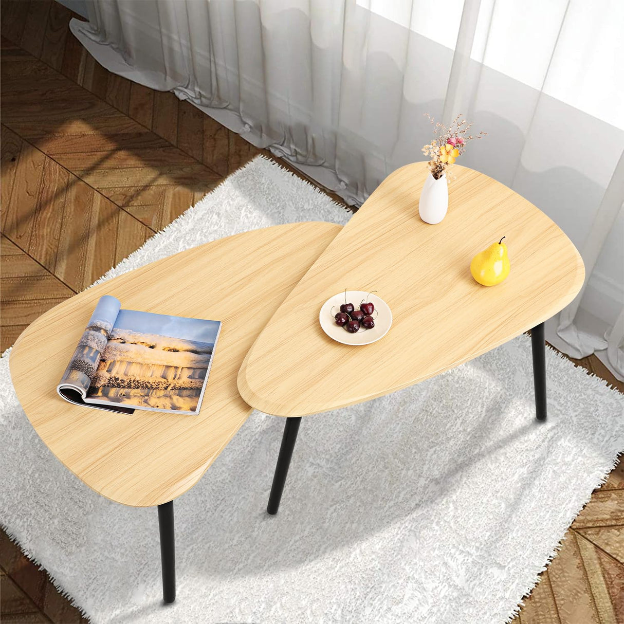 WDSHIYI Wood Nesting CoffeeTable Set of 2 Irregular Accent Table for Living Room Bedroom Industrial Small Stacking Side Tables for Couch,Natural WDSHIYI