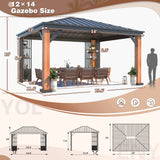 YOLENY 12' x 14' Ultra-Thick Columns and Beams Hardtop Gazebo, Faux Wood Grain Metal Gazebo with Storage Shelves, Vertical Stripe Galvanized Iron Roof, Outdoor Patio Gazebo for Patio YOLENY