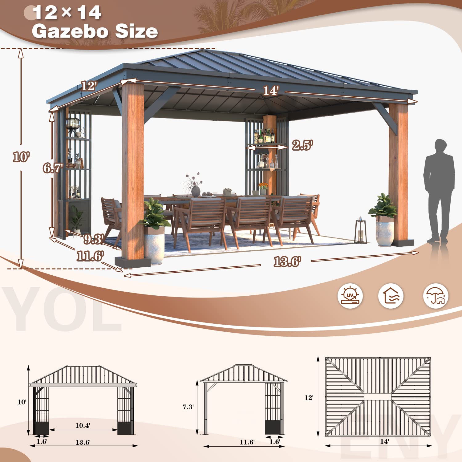 YOLENY 12' x 14' Ultra-Thick Columns and Beams Hardtop Gazebo, Faux Wood Grain Metal Gazebo with Storage Shelves, Vertical Stripe Galvanized Iron Roof, Outdoor Patio Gazebo for Patio - WoodArtSupply