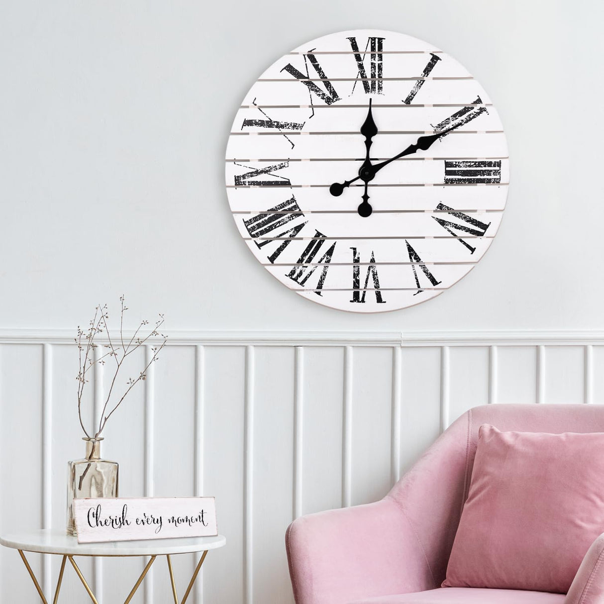 ALBEN Large Farmhouse Wall Clock - 24 inch Round Shiplap Farmhouse Style Clock Bundled with Decorative Reversible Wooden Sign ALBEN