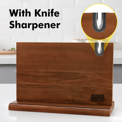 HOSHANHO Magnetic Knife Block 14 x 10 Inches, Double Sided Magnetic Knife Holder Rack for Kitchen Counter, Acacia Wood Magnetic Knife Storage Stand with Knife Sharpener