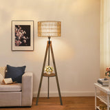LAMSU Boho Tripod Floor Lamps for Living Room, Rattan Wood Floor Lamp with Fabric Shades, Mid Century Standing Lamp with Shelf, Foot Switch, Modern Farmhouse Tall Lamps for Bedroom Office Brown LAMSU