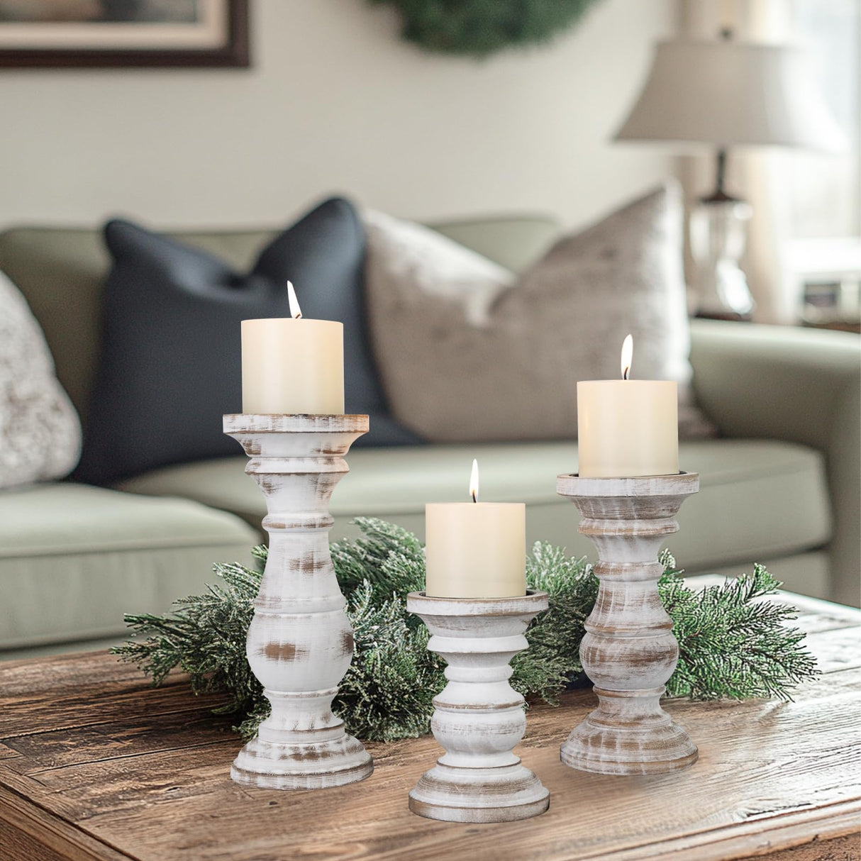 Candle Holder for Pillar Candle Set of 3, Farmhouse Wood Candle Holder, Rustic Wooden Candle Stand, Decorative Wood Candlestick Holders for Living Room, Table Centerpiece (Antique White) CEDARLUX
