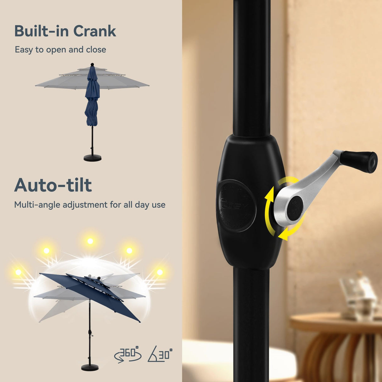 PHI VILLA 5 Piece Outdoor Dining Set with 10ft Umbrella (Navy Blue), Patio Table and Chairs for 4 with Lightweight Folding Dining Chairs & Metal Square Dining Table for Yard, Garden and Deck PHI VILLA