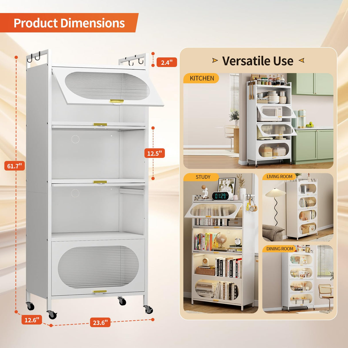 5-Tier Kitchen Pantry Storage Cabinet with Flip-up Doors, Metal Freestanding Cabinet with 4 Rooling Wheels, Bakers Rack with Storage Cabinet for Dining Study Kitchen Living Room (White) Dyoung