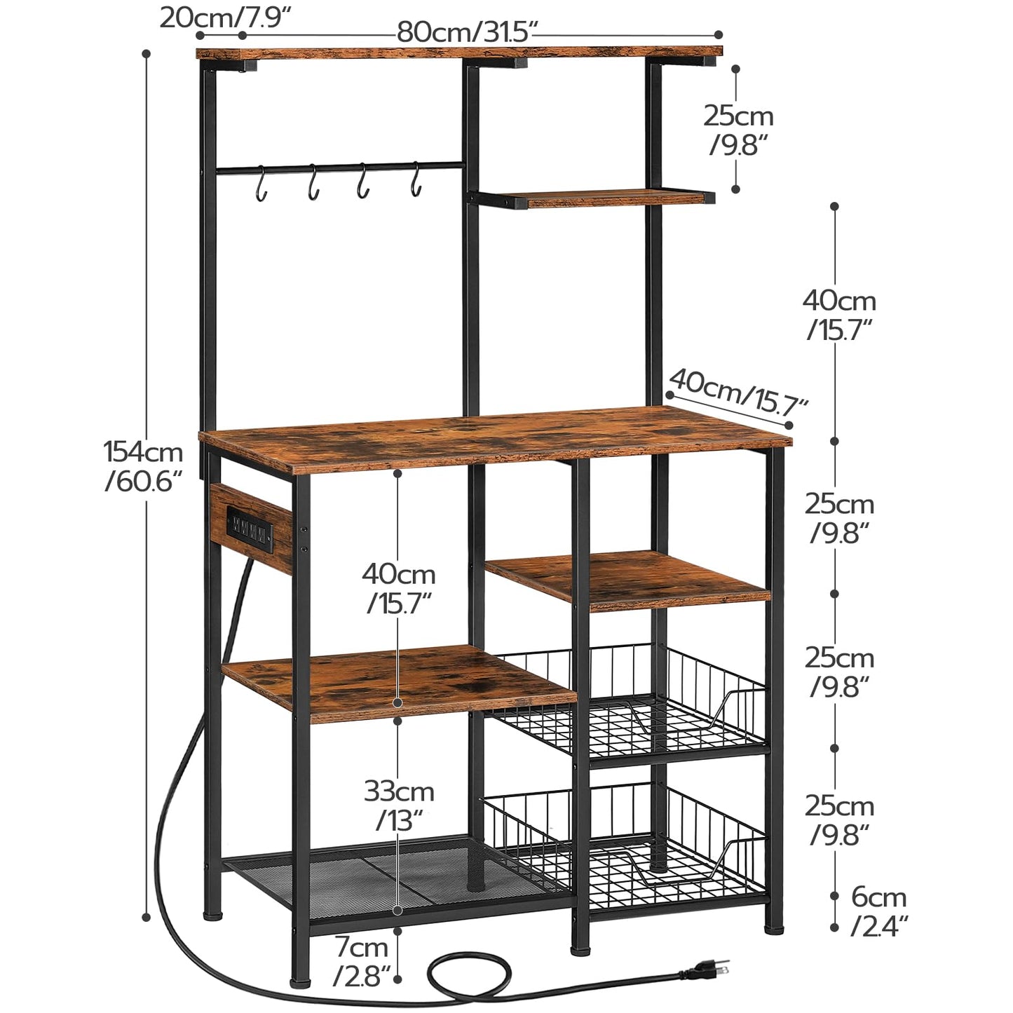 HOOBRO Multifunctional 6-Tier Bakers Rack with Power Outlets and Hooks for Kitchen and Living Room - WoodArtSupply