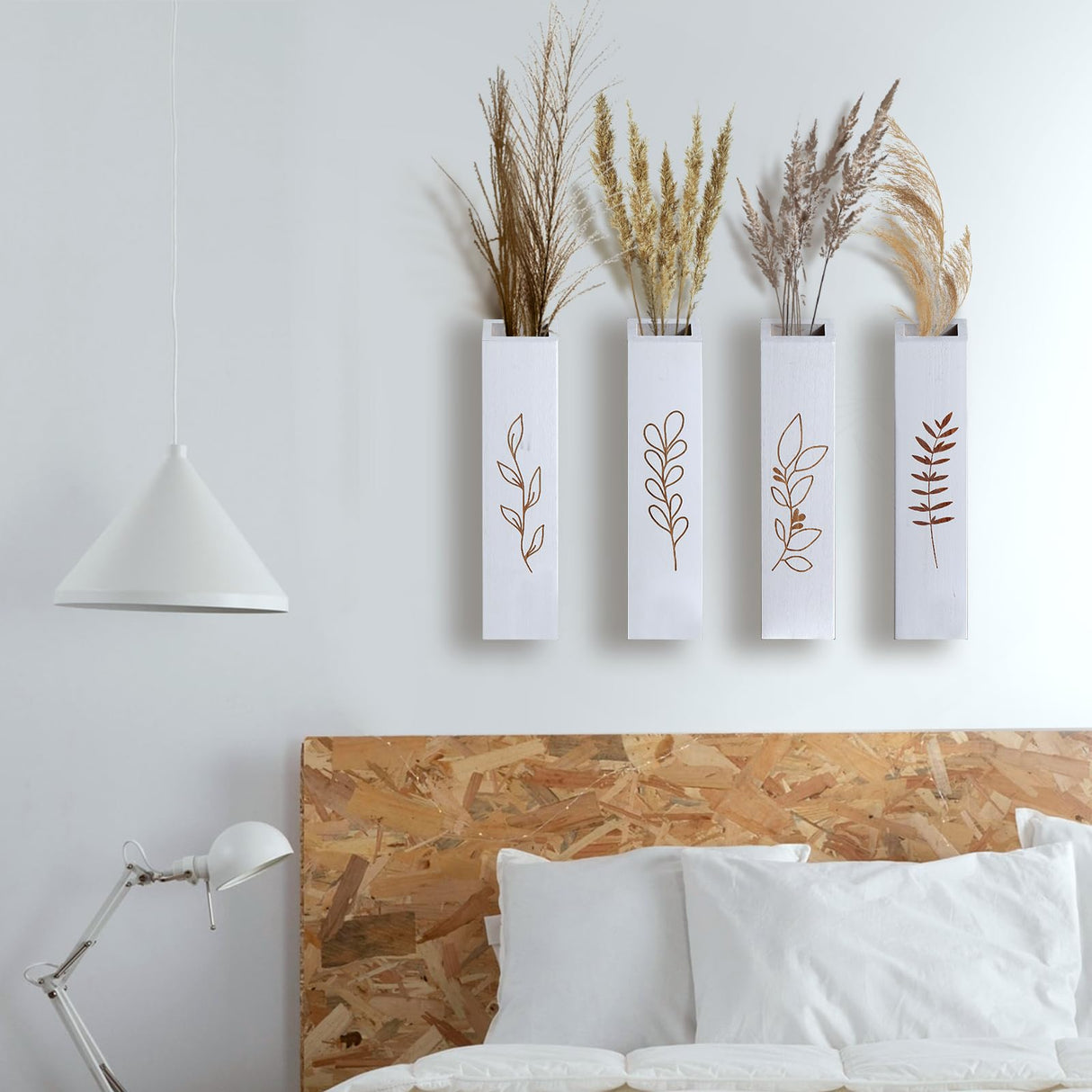 BOTOP Wood Wall Planter, Farmhouse 4 Pack Indoor Pocket Wall Vases Decor for Living Room Bedroom Dried Flowers Faux Greenery Plants (White) BOTOP