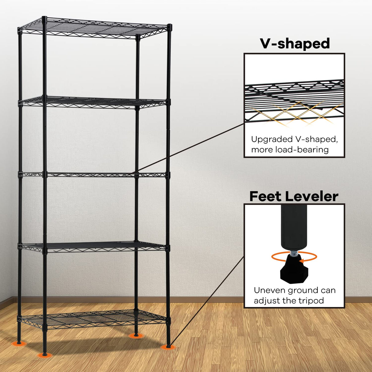 NChanmar 5-Tier Wire Shelving Unit Storage Shelves 61"x24"x14" Metal Heavy Duty Wire Rack Shelving NSF for Home Kitchen Bathroom Garage(Black) NChanmar