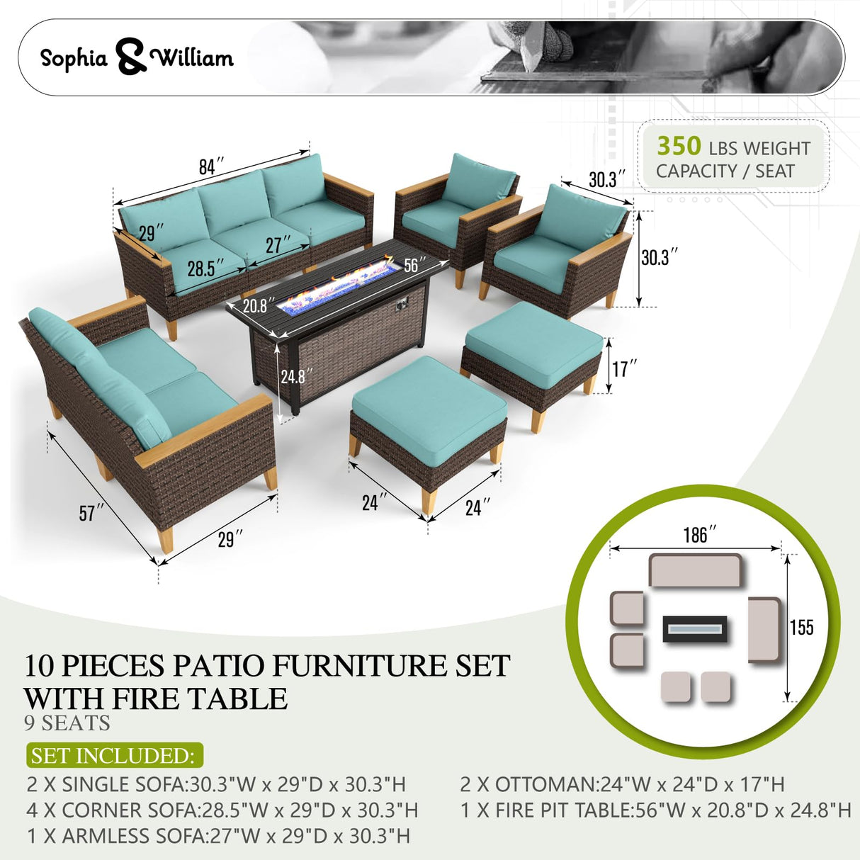 Sophia & William Patio Furniture Set with Fire Pit Table, 10 Piece Outdoor Wicker Furniture Sectional Sofa, Extra Large Patio Rattan Conversation Set with Ottoman & 56" Fire Pit Table(Aqua Blue) Sophia & William