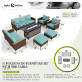 Sophia & William Patio Furniture Set with Fire Pit Table, 10 Piece Outdoor Wicker Furniture Sectional Sofa, Extra Large Patio Rattan Conversation Set with Ottoman & 56" Fire Pit Table(Aqua Blue) Sophia & William